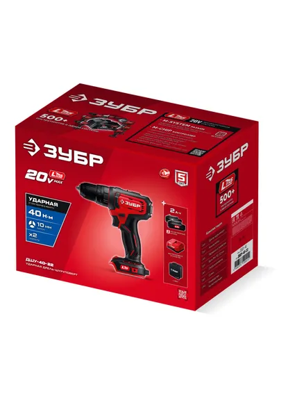 Ударная дрель-шуруповерт, ЗУБР 20 В, 40 Н·м, 2 АКБ LMS (2 А·ч), сумка (ДШУ-40-22)