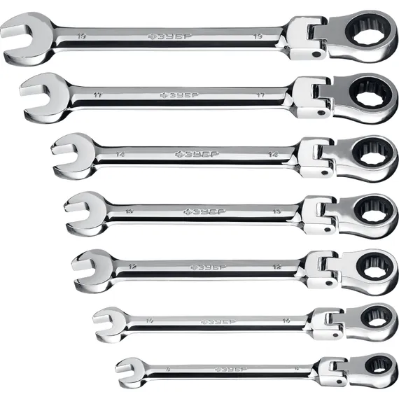 ЗУБР 7 шт, 8 - 19 мм, набор шарнирных трещоточных гаечных ключей, Профессионал (27101-H7)