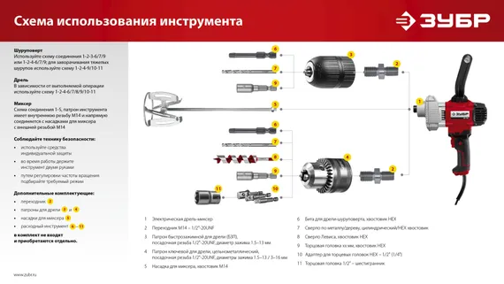 ЗУБР 1100 Вт, М14, дрель-миксер (МР-1100)