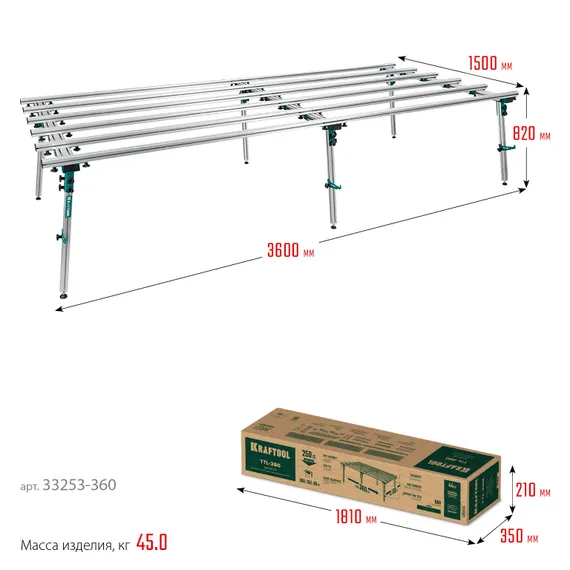 KRAFTOOL TTL-360 360х150х70 см, макс 250 кг, стол для работ с крупноформатными листовыми материалами (33253-360)