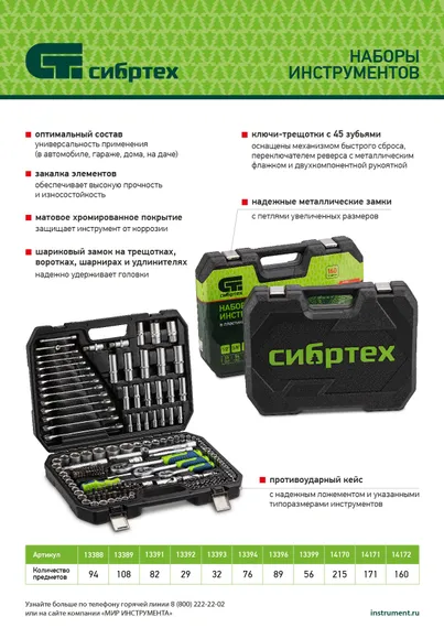 Набор инструментов, 1/2", 3/8", 1/4", пластиковый кейс 160 предм. Сибртех