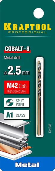KRAFTOOL COBALT-8, 2.5 х 57 мм, сталь М42, HSS-Co(8%), сверло по металлу (29656-2.5)