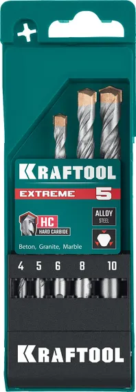 KRAFTOOL Extreme, 5 шт: 4-5-6-8-10 мм, трехгранный хвостовик, набор сверл по бетону (29166-H5)