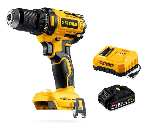Бесщеточная дрель-шуруповерт, STEHER 20 В, 65 Н·м, 1 АКБ LMS (2 А·ч), (CB-65-21)