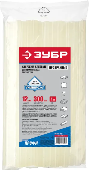 ЗУБР 11 х 300 мм, 34 шт, сверхпрочные прозрачные клеевые стержни, Профессионал (06856-12-1)
