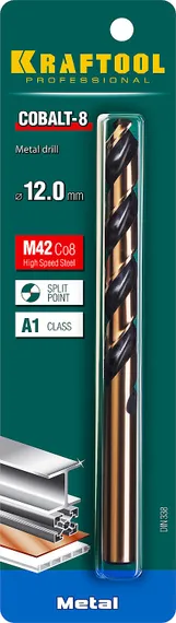 KRAFTOOL COBALT-8, 12.0 х 151 мм, сталь М42, HSS-Co(8%), сверло по металлу (29656-12)
