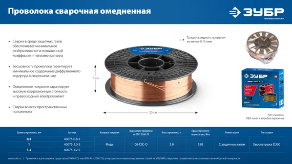 ЗУБР О-СП, d 1.2 мм, 5 кг, омеднённая сварочная проволока, тип ER70S-6 (аналог Св-08Г2С-О), Профессионал (40075-1.2-5)