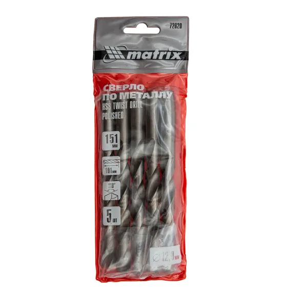 Сверло по металлу, 12 мм, полированное, HSS, 5 шт, цилиндрический хвостовик Matrix