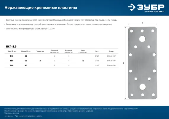 ЗУБР НКП-2.0, 180 x 65 x 2 мм, нержавеющая крепежная пластина, Профессионал (310636-180)