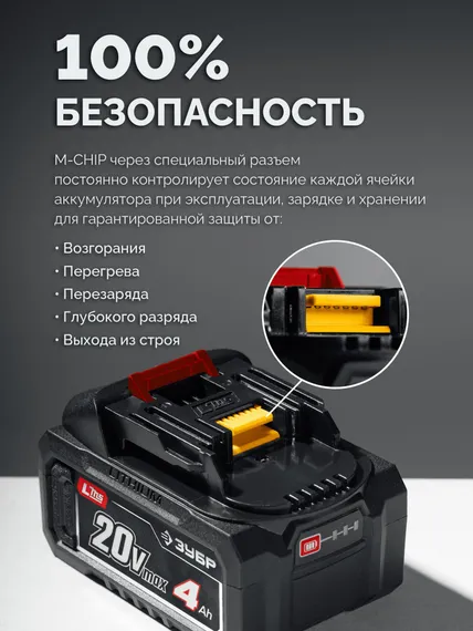 ЗУБР 20 В, 350 мм, 1 АКБ LMS (4 Ач), газонокосилка аккумуляторная бесщеточная (ГКЛ-2035-41)