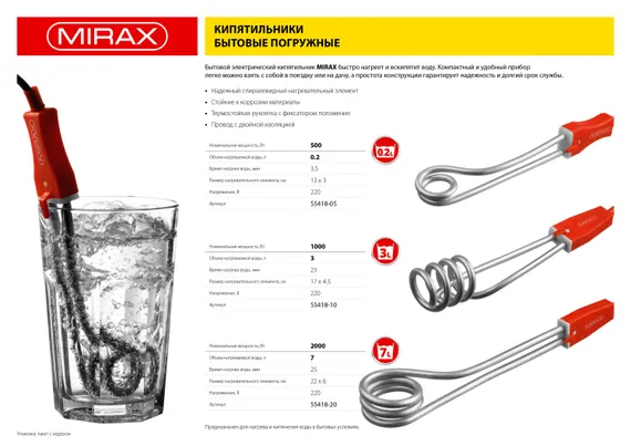 MIRAX 500 Вт, 10 см, кипятильник (55418-05)