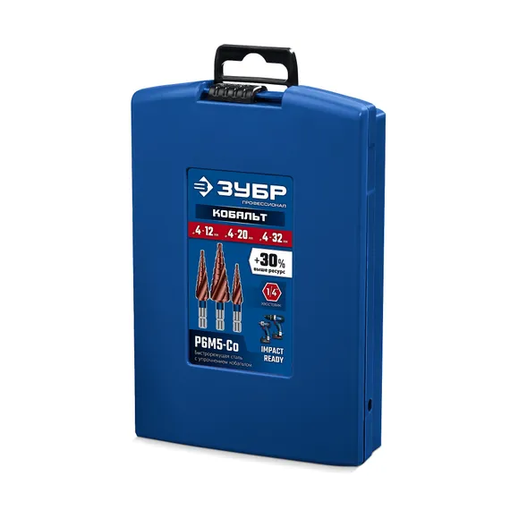 ЗУБР КОБАЛЬТ 3 шт, 4-32мм, винтовая проточка, набор ступенчатых сверл, ПРОФЕССИОНАЛ (29674-4-32-H3)