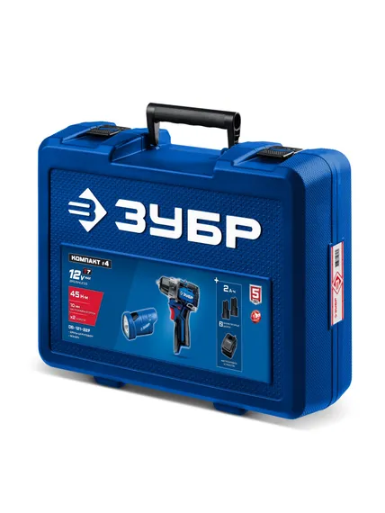 Дрель-шуруповерт + LED фонарь, ЗУБР КОМПАКТ #4, набор: BRUSHLESS, 12 В, 45 Н·м, 2 АКБ тип Т7 (2 А·ч), кейс, Профессионал (DB-121-22F)