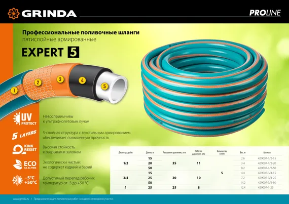 GRINDA EXPERT 5, 1/2″, 50 м, 35 атм, пятислойный, текстильное армирование, поливочный шланг, PROLine (429007-1/2-50)
