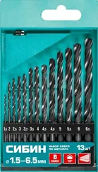 СИБИН 13 шт, (1.5-6.5 мм), быстрорежущая сталь, класс В, набор сверл по металлу (29610-H13)