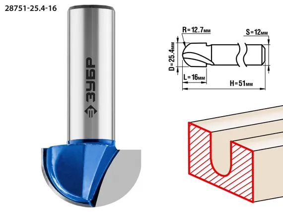 ЗУБР 25.4 x 16 мм, радиус 12.7 мм, фреза пазовая галтельная, Профессионал (28751-25.4-16)