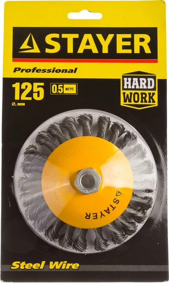 STAYER 125 мм, жгутированная стальная проволока 0.5 мм, коническая щетка-крацовка для УШМ, Professional (35135-125)