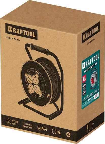 KRAFTOOL КГ 3х2.5 30м 4000Вт IP44, HEAVY DUTYСиловой удлинитель на стальной катушке (55086-30)