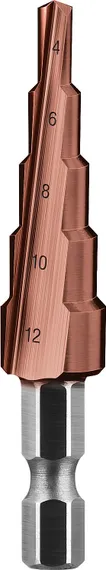 ЗУБР Кобальт, 4-12 мм, 5 ступеней, сталь Р6М5, кобальтовое покрытие, ступенчатое сверло, Профессионал (29672-4-12-5)