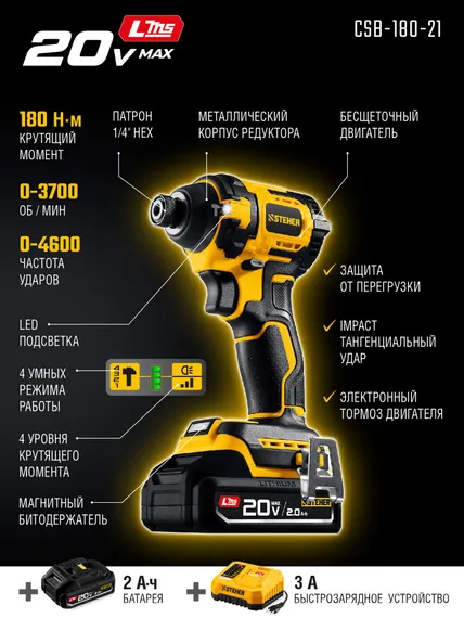 Бесщеточный ударный винтоверт, STEHER 20 В, 180 Н·м, 1 АКБ LMS (2 А·ч), сумка (CSB-180-21)