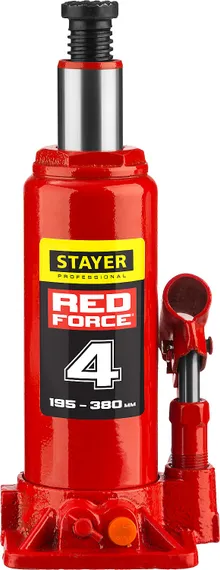 STAYER RED FORCE, в кейсе, 4 т, 195 - 380 мм, бутылочный гидравлический домкрат, Professional (43160-4-K)