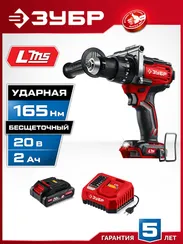 Бесщеточная ударная дрель-шуруповерт, ЗУБР 20 В, 165 Н·м, 1 АКБ LMS (2 А·ч), (ДБУ-165-21)