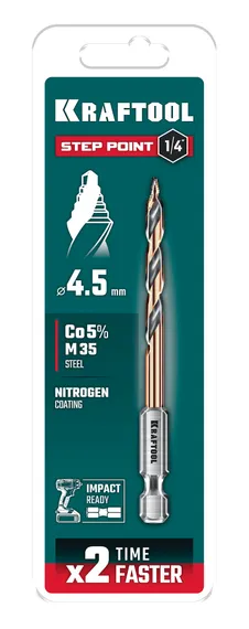 KRAFTOOL STEP POINT, d 4.5 х 87 мм, сверло по металлу для винтовёртов и шуруповертов IMPACT READY (29653-4.5)
