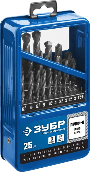 ЗУБР ПРОФ-В, 25 шт, (1-13 мм), сталь Р6М5, класс В, мет.бокс, набор сверл по металлу, Профессионал (29621-H25)