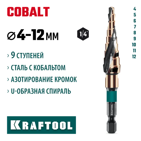 KRAFTOOL COBALT 4-12мм, 9 ступеней, азотирование, винтовая спираль, сверло ступенчатое(29691-4-12-9)