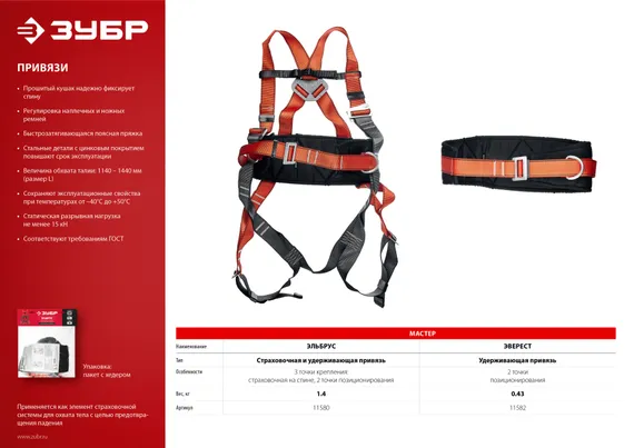 ЗУБР ЭВЕРЕСТ фурнитура из оцинкованной стали, 2 точки крепления, размер L (1140-1440), страховочная и удерживающая привязь (11582)