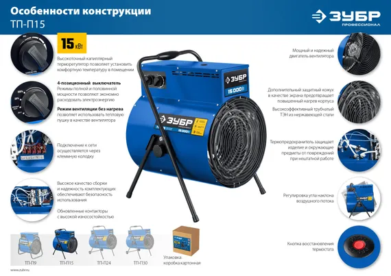 ЗУБР 15 кВт, электрическая тепловая пушка, Профессионал (ТП-П15)
