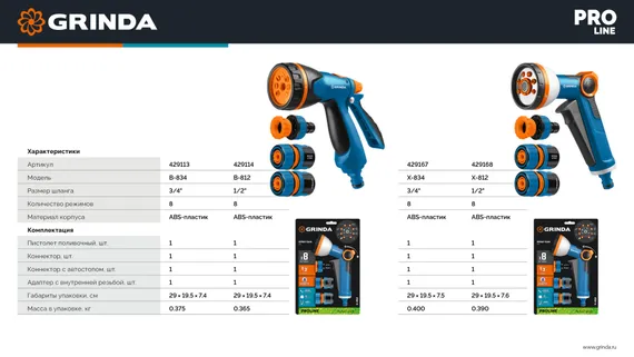 GRINDA B-834, пистолет поливочный B-8, коннектор 3/4, конектор 3/4 с автостопом, адаптер с внутр. резьбой 1/2х3/4, набор поливочный, PROLine (429113)