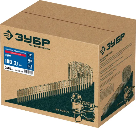 ЗУБР CNW 100 х 3.1 мм, барабанные гвозди рифленые оцинкованные, 2400 шт (305383-100)