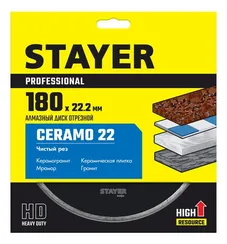 STAYER Ceramo-22, d 180 мм, (22.2 мм, 5 х 2.2 мм), сплошной алмазный диск, Professional (3664-180)