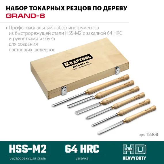 KRAFTOOL Grand-6 6 предм., набор токарных резцов по дереву (18368)
