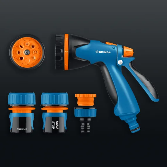 GRINDA B-834, пистолет поливочный B-8, коннектор 3/4, конектор 3/4 с автостопом, адаптер с внутр. резьбой 1/2х3/4, набор поливочный, PROLine (429113)