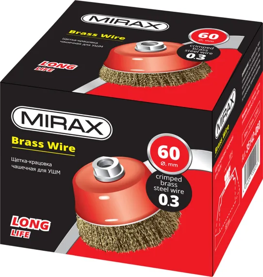 MIRAX 60 мм, витая стальная латунированная проволока 0.3 мм, чашечная щетка-крацовка для УШМ (35142-060)