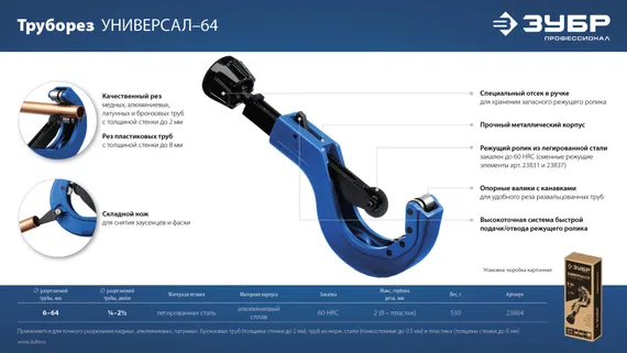 ЗУБР Универсал-64, 6 - 64 мм, труборез для меди и алюминия, Профессионал (23864)