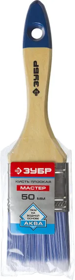 ЗУБР АКВА, 50 мм, 2″, светлая искусственная щетина, деревянная ручка, для воднодисперсионных и акриловых ЛКМ, плоская кисть (4-01007-050)