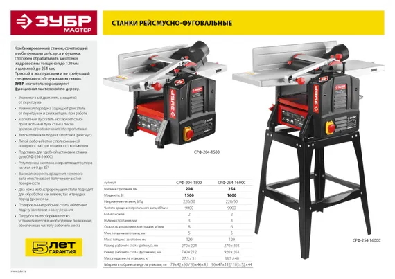 Станок фуговально-рейсмусовый ЗУБР 254 мм 1600 Вт (СРФ-254-1600С)