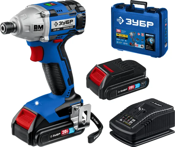 Бесщеточный винтоверт, ЗУБР Т7, 20 В, 280 Н·м, 2 АКБ (2 А·ч), кейс, Профессионал (GVB-250-22)