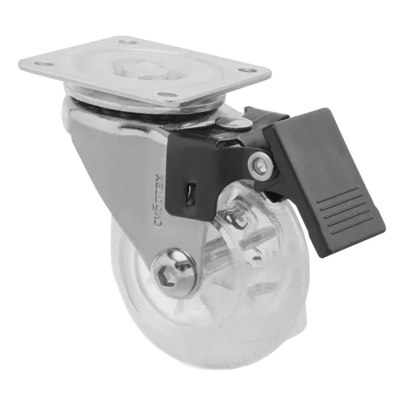 Колесо ПУ прозрачное поворотное с тормозом d-50 мм, крепление платформенное Сибртех