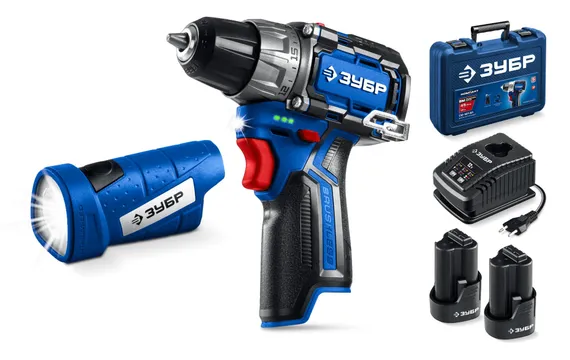 Дрель-шуруповерт + LED фонарь, ЗУБР КОМПАКТ #4, набор: BRUSHLESS, 12 В, 45 Н·м, 2 АКБ тип Т7 (2 А·ч), кейс, Профессионал (DB-121-22F)
