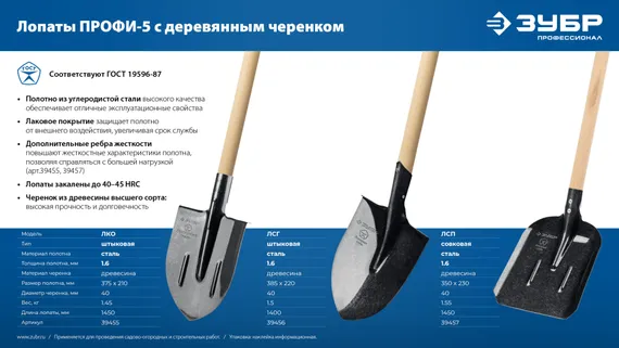 ЗУБР ПРОФИ-5 350х230х1450мм, полотно рессор.сталь 1.6мм закалено, c ребрами жестк., черенок высш.сорт, тип ЛСП, совковая лопата, Профессионал (39457)