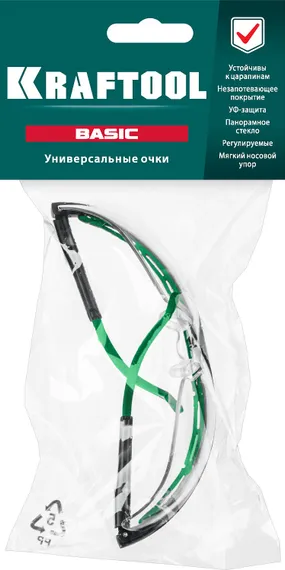 KRAFTOOL BASIC, открытого типа, прозрачные, стекло-моноблок с покрытием устойчивым к истиранию и запотеванию, защитные очки (110317)