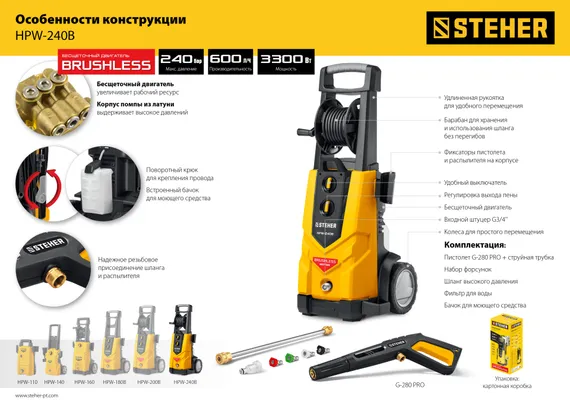 Мойка высокого давления STEHER 240 Атм 3300 Вт PRO (HPW-240B)