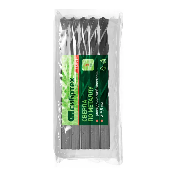 Сверло по металлу, 9.5 мм, быстрорежущая сталь, 5 шт, цилиндрический хвостовик Сибртех