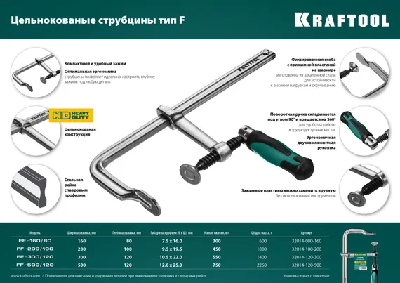 KRAFTOOL Forge FF-300/120, 120 х 300 мм, цельнокованая струбцина F (32014-120-300)