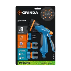 GRINDA B-812, питолет поливочный B-8, коннектор 1/2, конектор 1/2 с автостопом, адаптер с внутр. резьбой 1/2 х 3/4, набор поливочный PROLine (429114)
