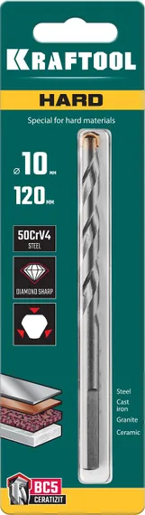 KRAFTOOL Hard, 10 х 120 мм, тв.сплав ВС5, сверло специальное по твёрдым материалам (29177-120-10)
